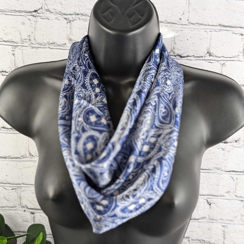 Blue and white paisley print polyester silky scarf, head wrap, neckerchief - Picture 2 of 6